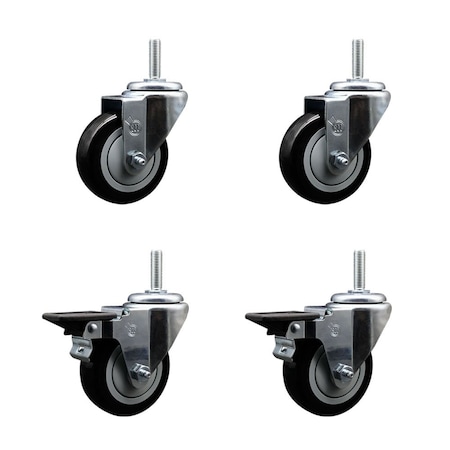 Service Caster 35 Inch Black Polyurethane Wheel Swivel 34 Inch Threaded Stem Caster Set 2 Brakes SCC SCC-TS20S3514-PPUB-BLK-34212-2-PLB-2